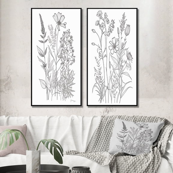 Designart "Minimalist Drawing Wildflowers on White I" Wildflowers Framed Wall Art Set Of 2 - Traditional White Framed Canvas Set For Living Room Decor