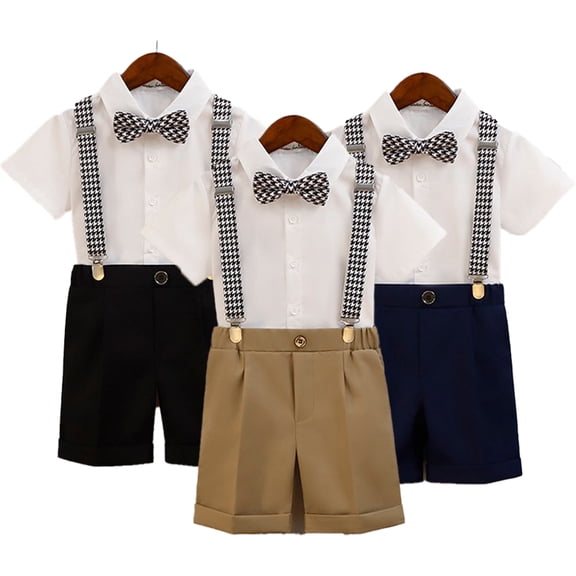 LYMAYTER Baby Boys Formal Suit Short Shirt Bowtie Suspender Shorts Summer Beach Wedding Graduation Outfit