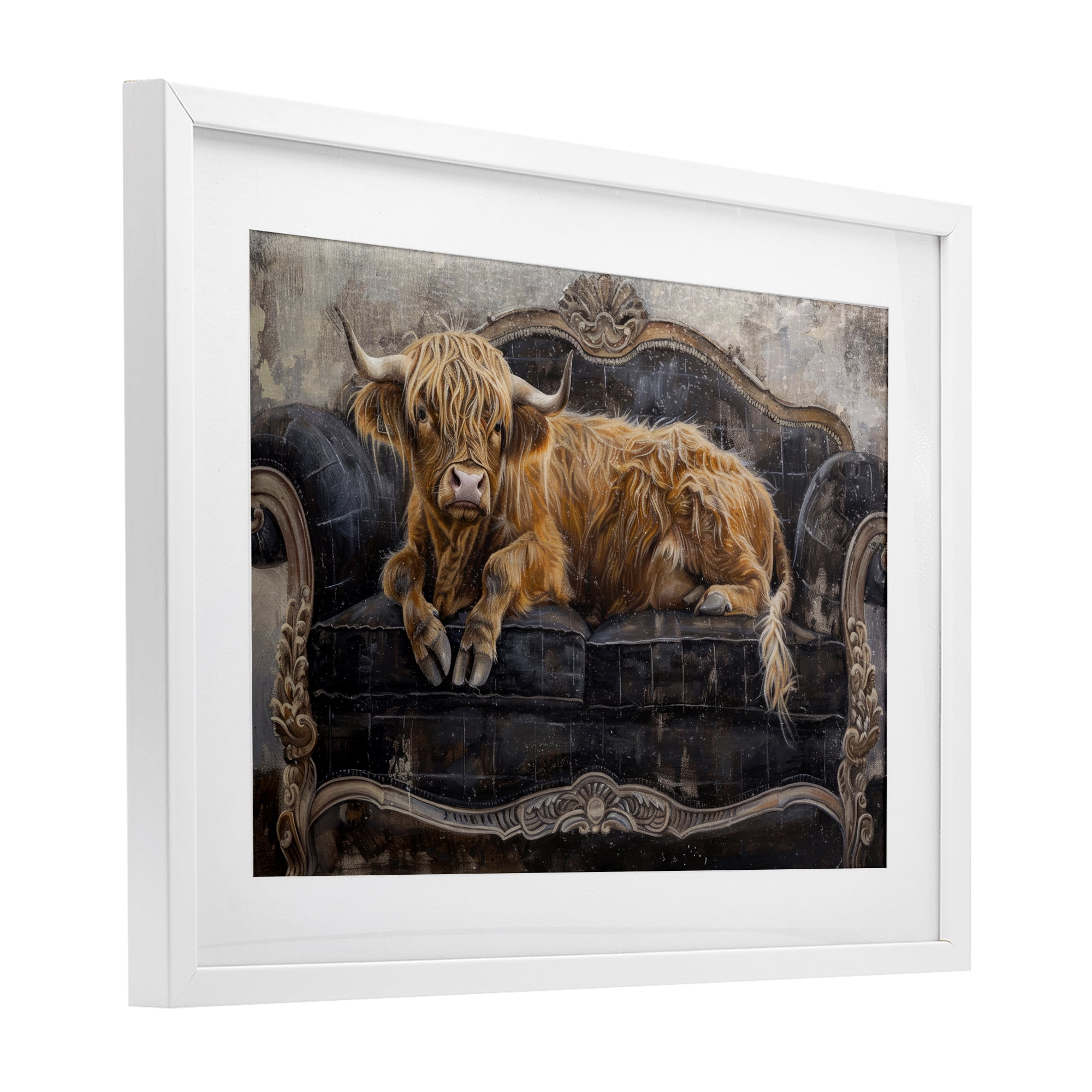 Stupell Industries Cozy Couch Highland Cow White Framed Print Under Glass, design by Tina LeCour