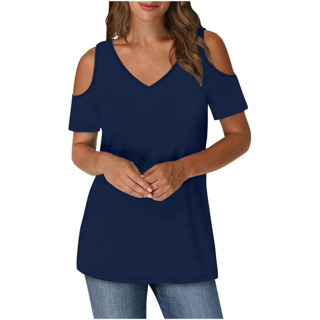 SwiftWear Women's Cold shoulder V-Neck Summer Tee – Loose-Fit Short Sleeve Casual Top with Cute Basic Design