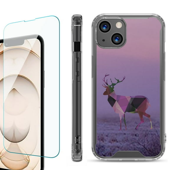 Shockproof Bumper Phone Case for iPhone 13, with Tempered Glass Screen Protector, by OneToughShield ® - Deer/Polygon
