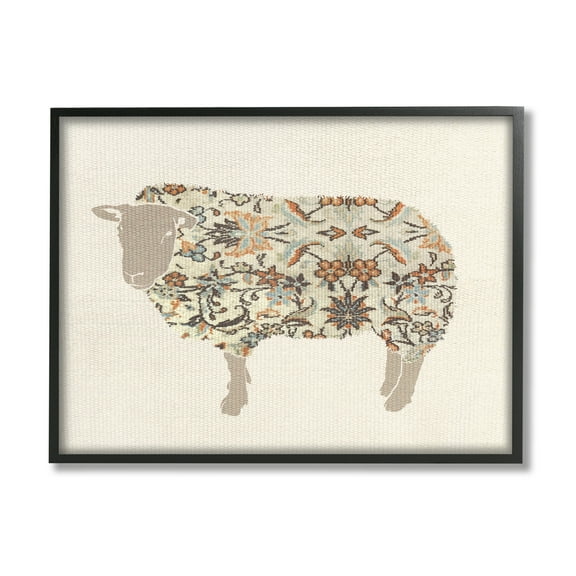 Stupell Industries Traditional Floral Pattern Sheep Animals & Insects Painting Black Framed Art Print Wall Art, 14 x 11
