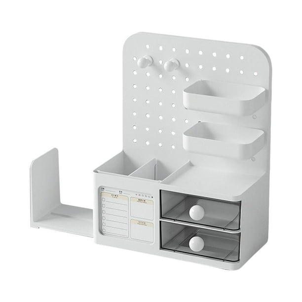 Organizador de escritorio con cajón, caja de almacenamiento de papelería, estante, organizador de maquillaje de tablero perforado simple para tocador, Blanco