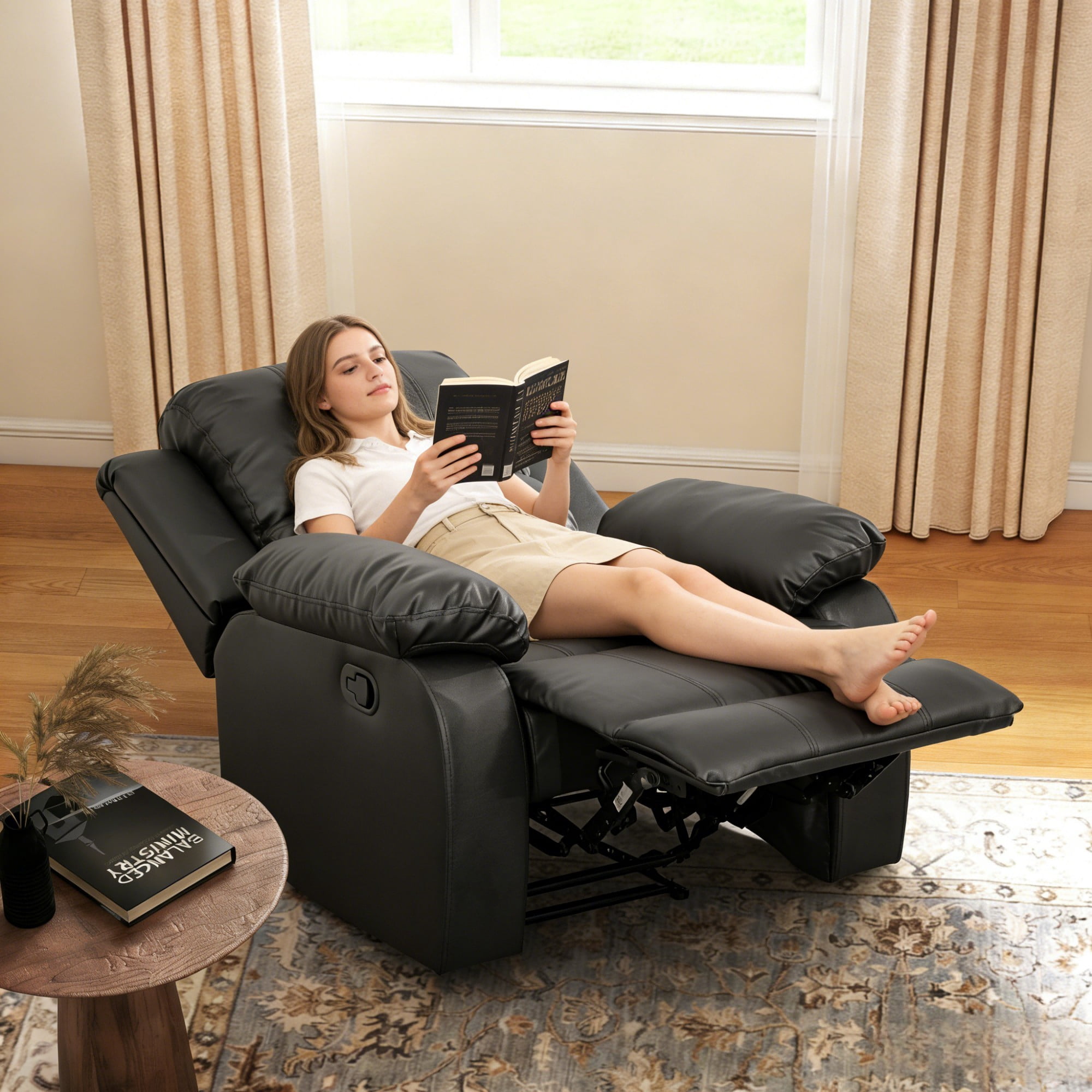 BSHTI PU Manual Recliner Chair Set of 2 – Single Sofa Recliners with Adjustable Backrest, High-Density Foam, Hardwood Frame – Comfort Lazy Chair for Living Room, Bedroom, Black
