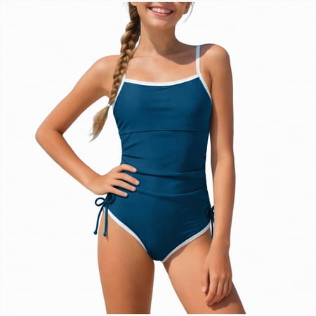 Bosanter Girls Swimsuit One Piece Bathing Suit for Girls Solid Color Side Bow Swimwear Breathable Stylish Beach Swimwear Bathing Suit Navy 13-14Y