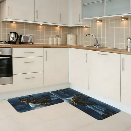 

Kitchen Mats for Floor 2 Piece - Deep Blue Starry Sky Moon Tree Anti Fatigue Mats for Kitchen Floor Kitchen Rugs Non Slip Washable Mat for Home Kitchen Decor