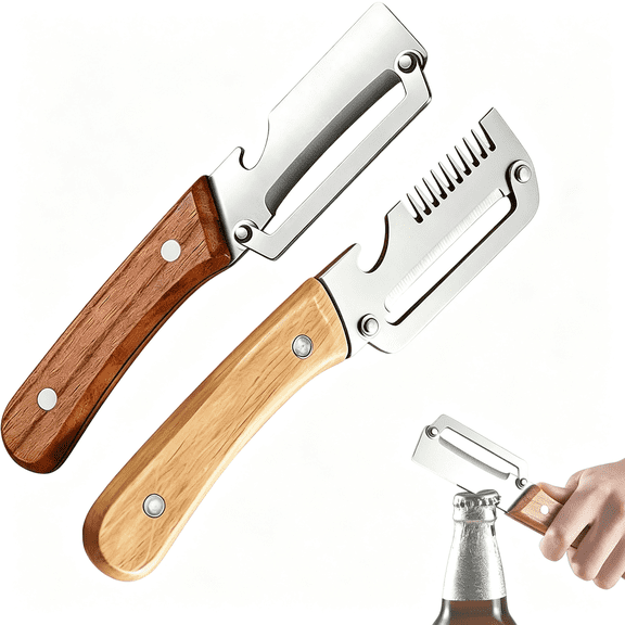 EXLEAF Elite Knives and Cutlery Set, 2-In-1 Serrated Peeling Knife Premium Vegetable Peeler, Multifunctional Vegetable Peeler with Wooden Handle and Bottle Opener for Kitchen (2Pcs,Mix)