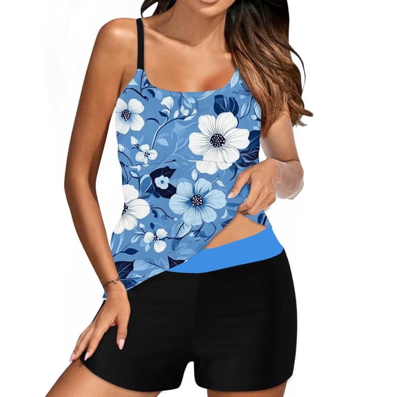 Yotami Tankini Bathing Suits for Women with Boyshorts High Waisted 2-Piece Swimsuit Set with Removable Padded, Floral Print Swimwear for Vacation, Blue