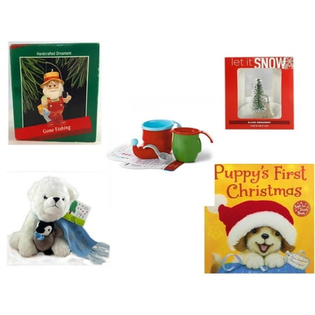 Christmas Fun Gift Bundle [5 Piece] - Hallmark Gone Fishing Handcrafted Ornament - Let It Snow Glass Ornament Deer - Hallmark Bake Like an Elf Kit with Recipe Cards - Bearington White  Bear &