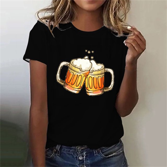 Fiudx Tops para Mujer Mujer Verano Sexy Oktoberfest Estampado Cuello Redondo Regular Mujeres Manga Corta Top