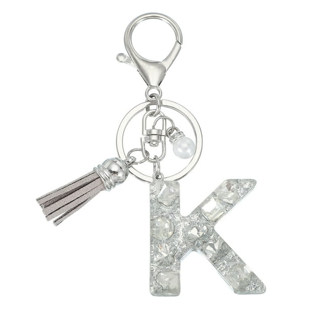 Llave de letra inicial Uxcell con borlas y perlas, llavero de letra K brillante con strass y anillo para llaves, bolso, carteras, llaves de coche, taza, plata