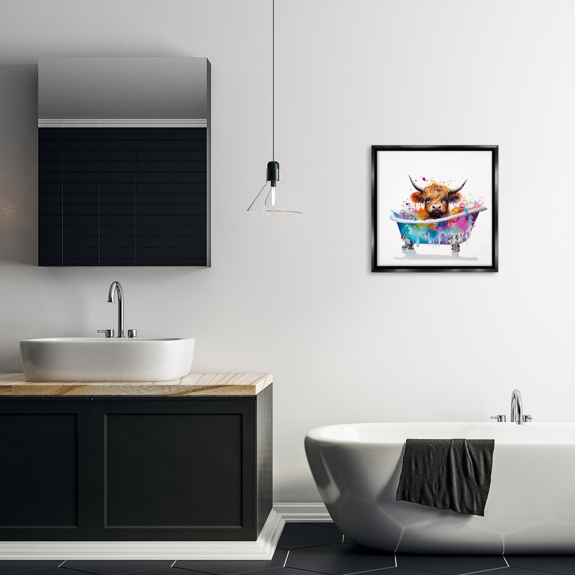 Stupell Industries Vivid Bath Time Cattle Typography Painting Black Floater Framed Canvas Art Print Wall Art, 18 x 18
