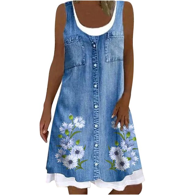 Moda mujer Casual Sexy cuello redondo estampado Floral falso vestido sin mangas de dos piezas Fridja hjkh5015