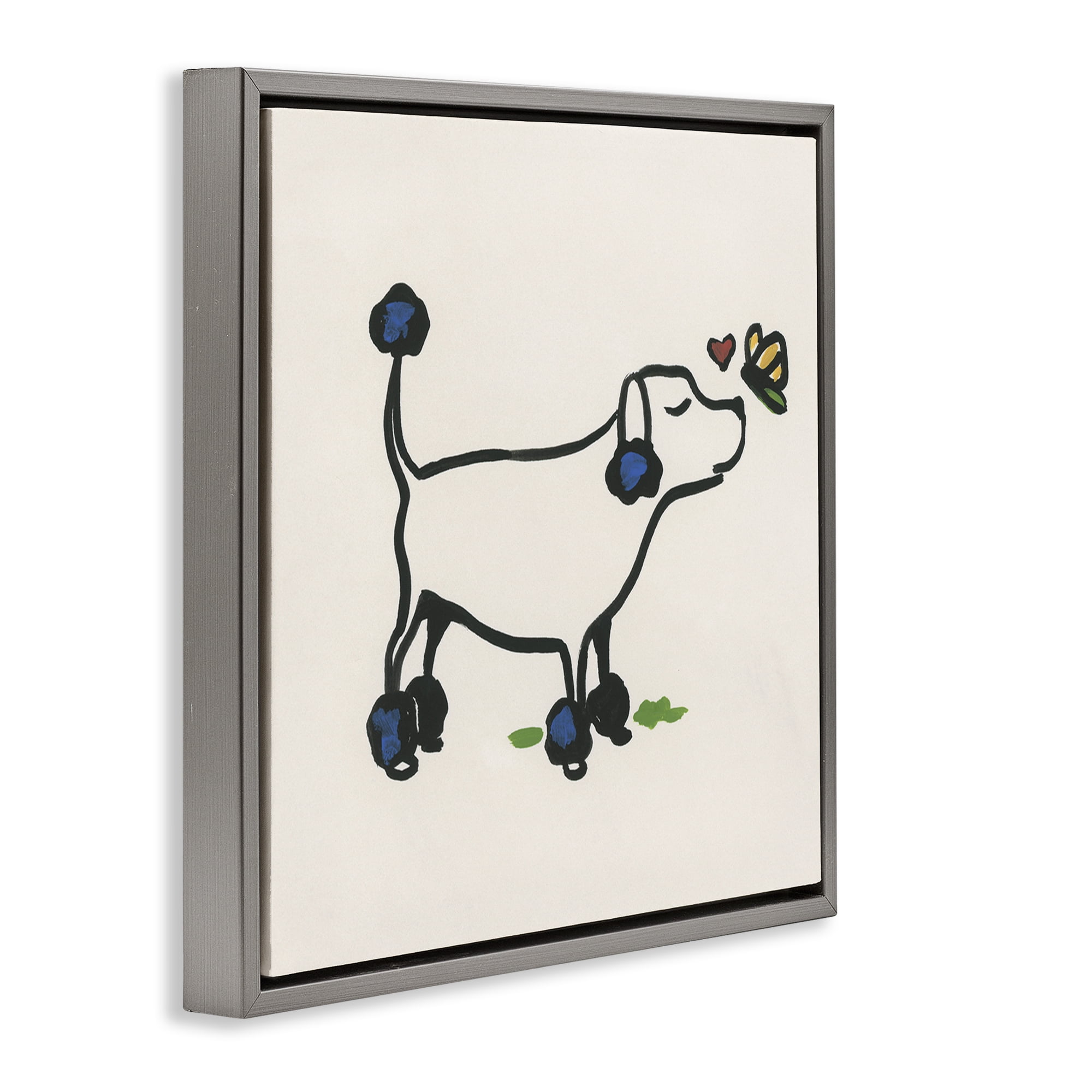 Stupell Industries Dog & Butterfly Animals Painting Gray Floater Framed Canvas Art Print Wall Art, 18 x 18