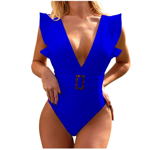 KIHOUT One Piece Swimsuit for Women Ladies Solid Color Sexy Ruffled Backless Chest Pad Swimsuit Beachwear Set