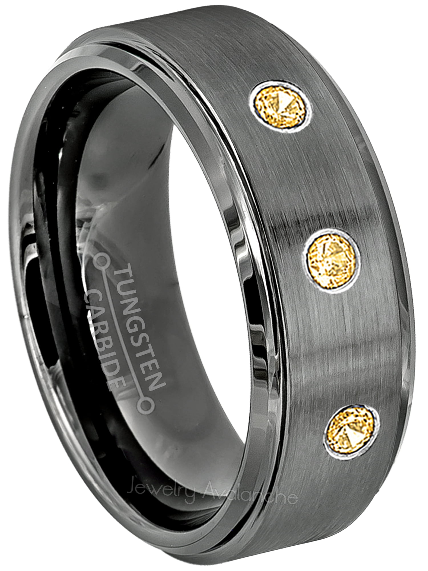November Birthstone Ring Comfort Fit Tungsten Carbide Ring Tungsten Wedding Ring 0.21ctw Citrine & Diamond 3-Stone Anniversary Band 8mm Sandblasted Black Tungsten Ring