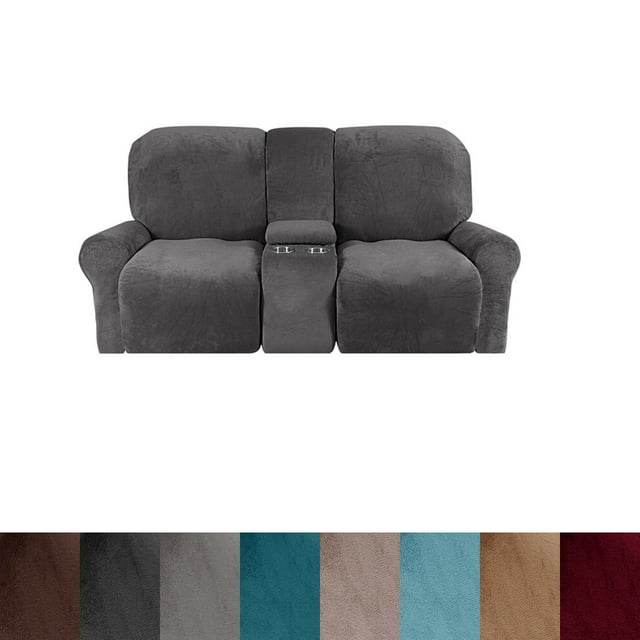 CHOK 2024 Housse de Causeuse Inclinable avec Console Centrale Housse Extensible en Velours pour Fauteuil Inclinable 2 Places avec Porte-Gobelet