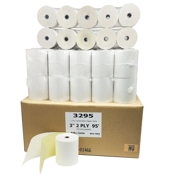 (40 Rolls) 3" X 95 Feet 2Ply Carbonless Rolls (Made in USA) White/Yellow Receipt Paper POS Cash Register Two Ply White/Canary for SP700 SP2000 UP389 Omni 480 TMU 220 250 Require Ribbons ERC30/34/38