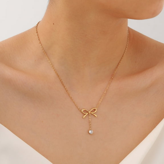 Gold Bow Chain Necklace for Women 18K Gold Plated Womens Pendant Neckalce with Cubic Zirconia Adjustable Stainless Steel Jewelry Gifts