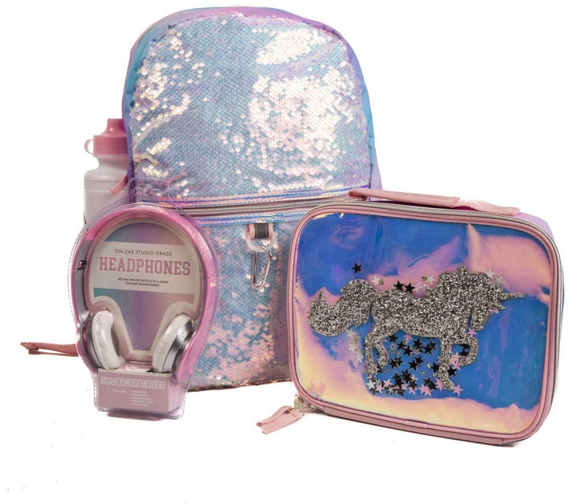 Unicorn Flip Sequin Backpack Set for Girls w/Lunchbox, Headphones
