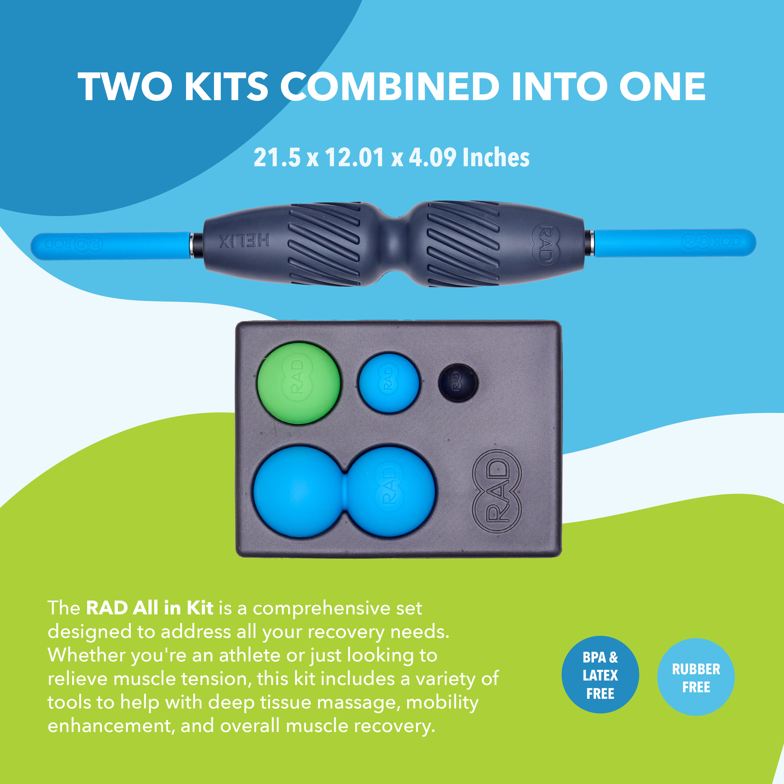 RAD All-in Kit – Foam Roller Set for Whole Body Massage & Myofascial Release – 7-in-1 Kit with Roller Stick, Yoga Block, Massage Balls