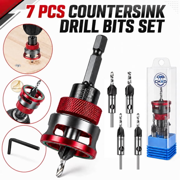 Countersink Drill Bit Set for Wood 4PCS Four-Flute HSS M2 Tapered Drill Bits with Depth Stop Collar Wrench, Woodworking Drill Bits for DIY Plywood MDF