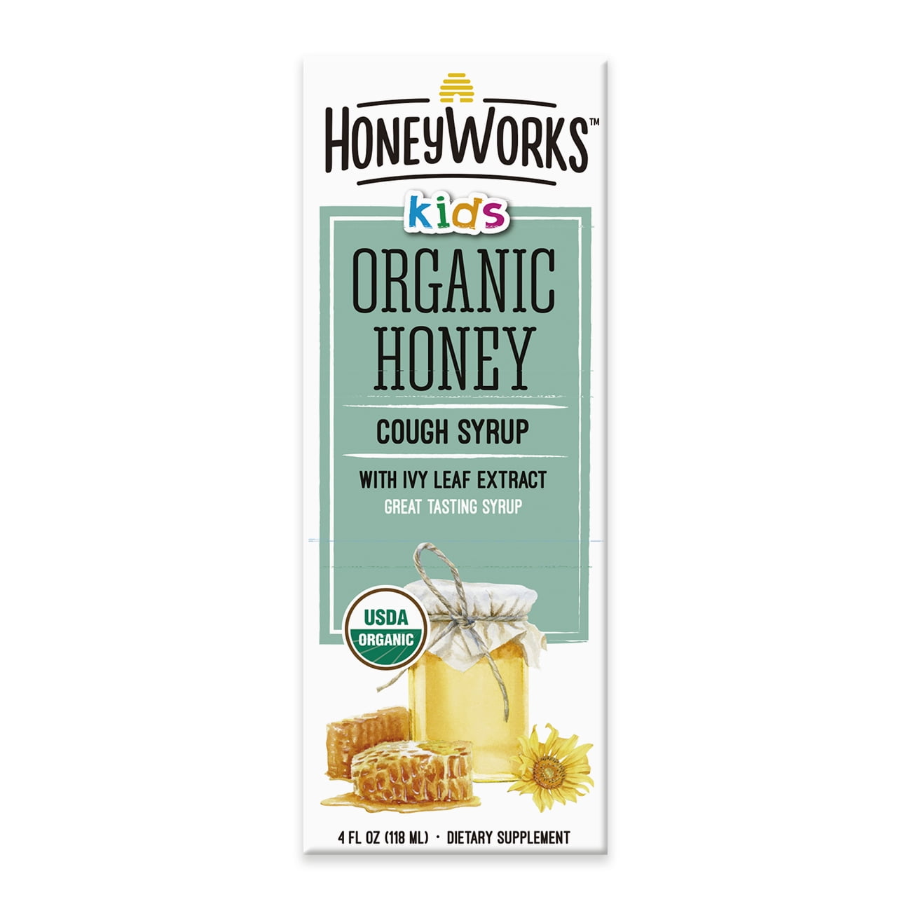 Honey Works Organic Kids Cough Syrup Relief Supplement with Ivy Leaf Extract, 4 oz