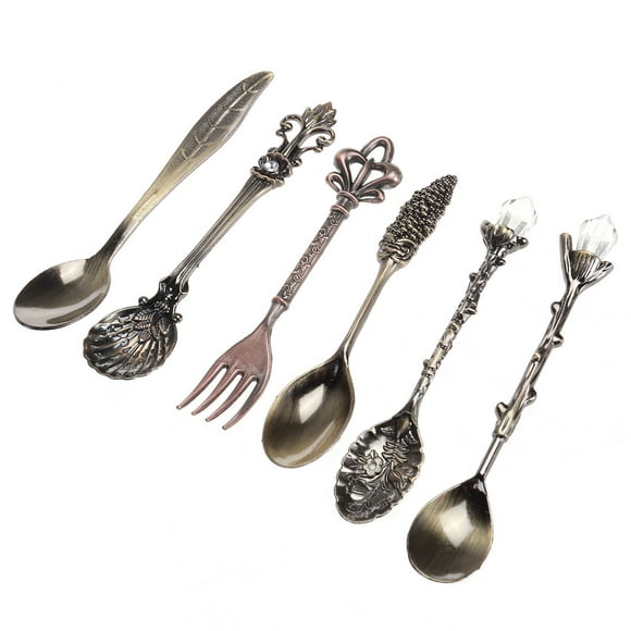 Miangastore 6pcs Vintage European Tableware Coffee Spoon Set Royal Spoon Fork Set Dessert Forks for Sweet Snacks (Bronze)