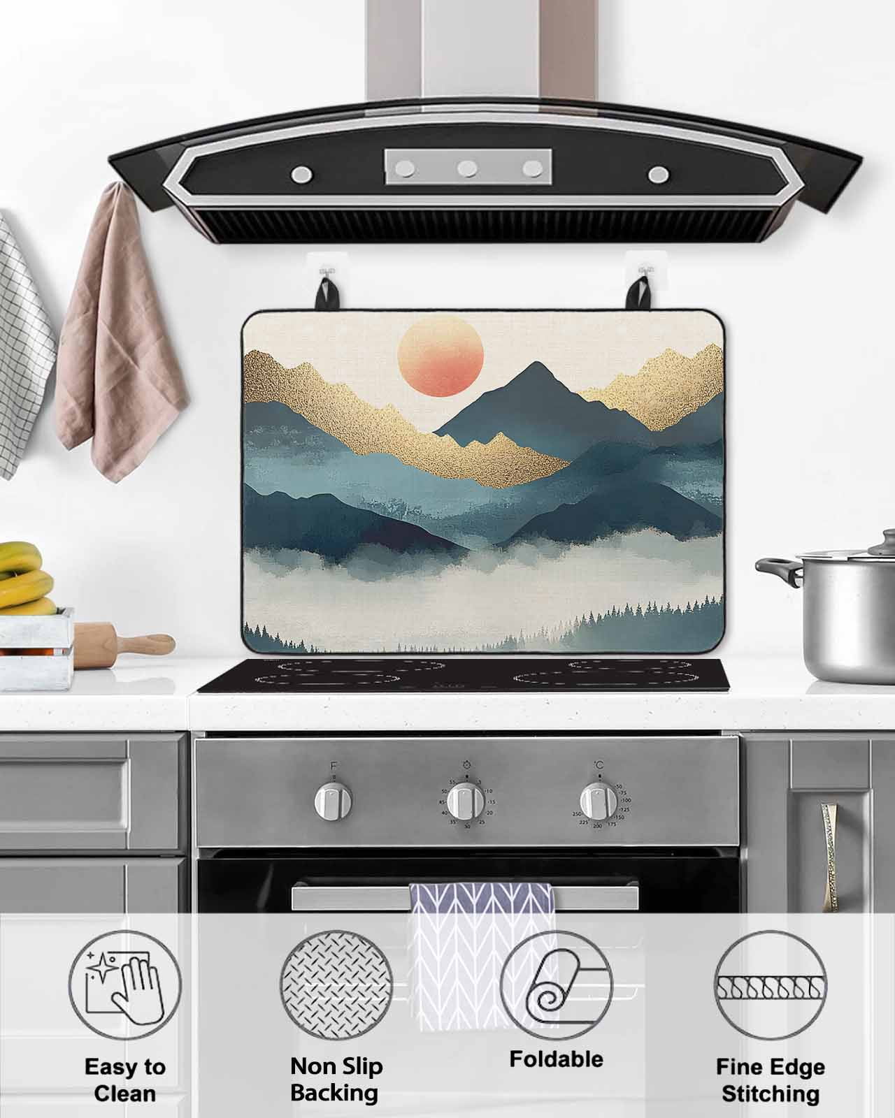 nqOlkjepod Large Induction Cooktop Protector Mat 24"x21", Teal Golden Mountain Stove Top Covers for Electric Stove, Tree Peaks Landscape Decorative Stove Burner Cover Mats, Glass Top Stove Cover