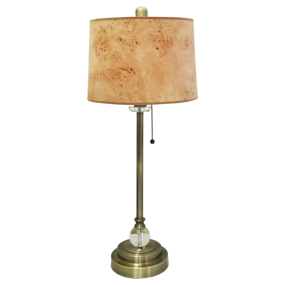 Royal Designs 28" Crystal and Antique Brass Buffet Lamp with Light Brown Wood Texture Hardback