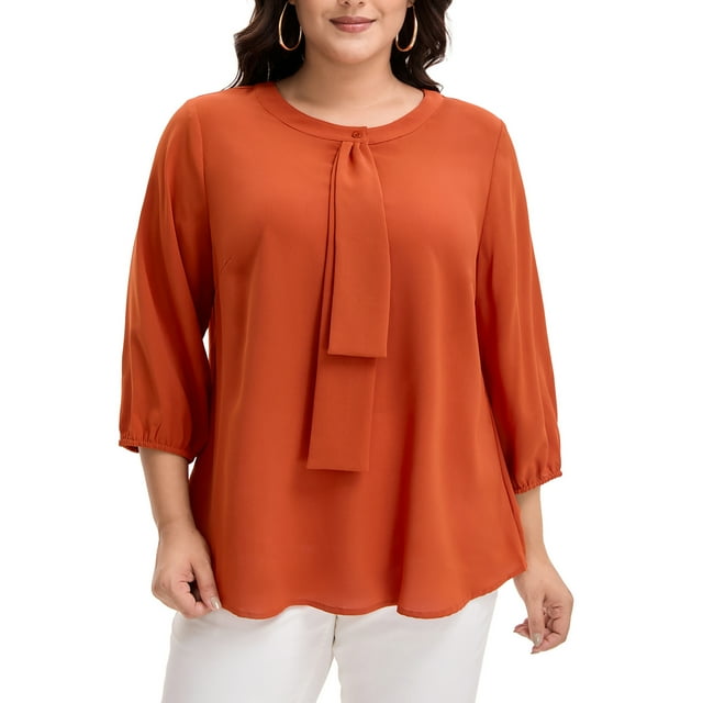 GRACE & GRANDEUR Women's Plus Size Tops Work Round Neck Ruffle Chiffon Blouse Office Top 3X Caramel