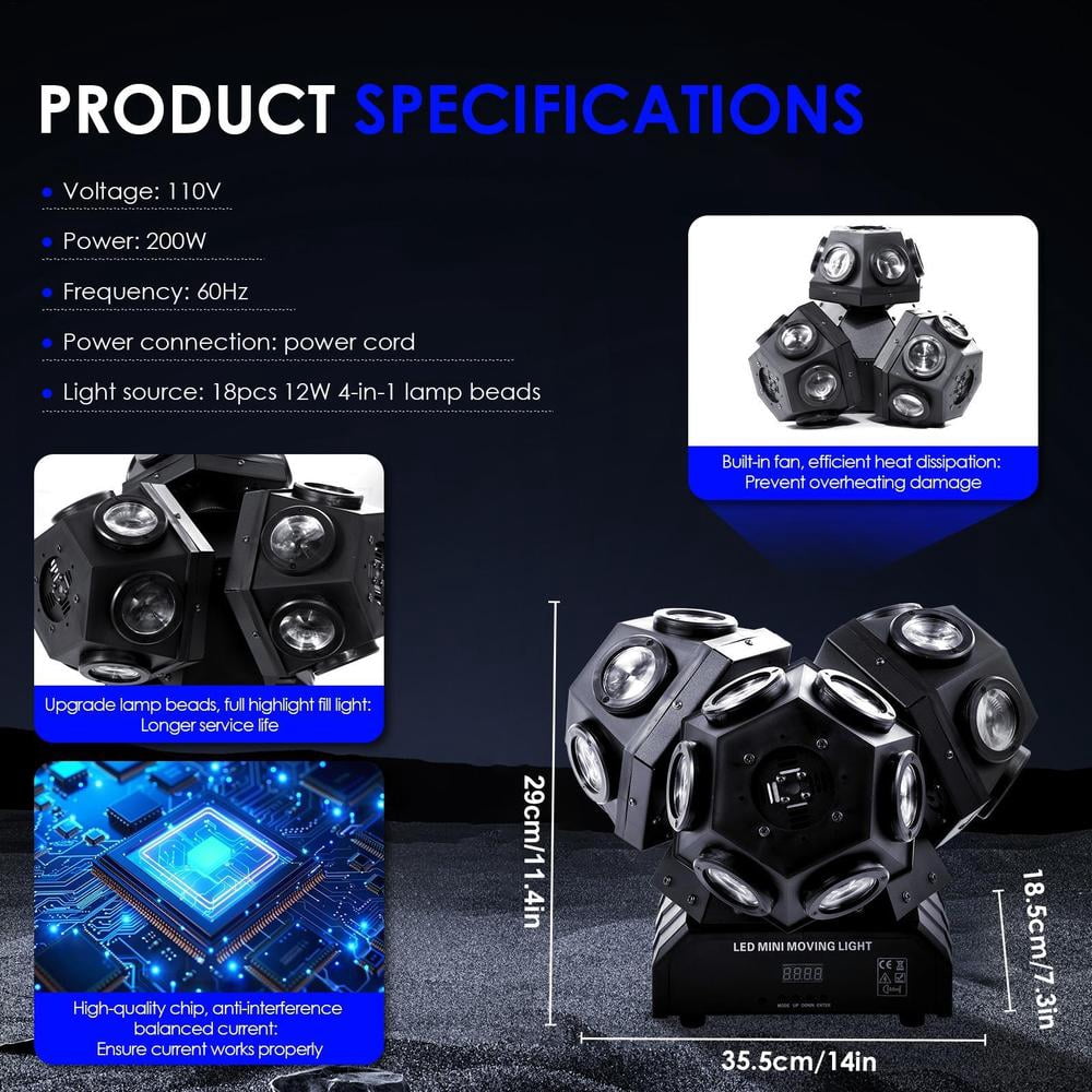 Moving Head DJ Lights, LED RGBW Rotation Disco Light with DMX Auto Control, Stage Lights DJ Lighting Sound Activated Party Lights for Party Disco Club Stage Lighting