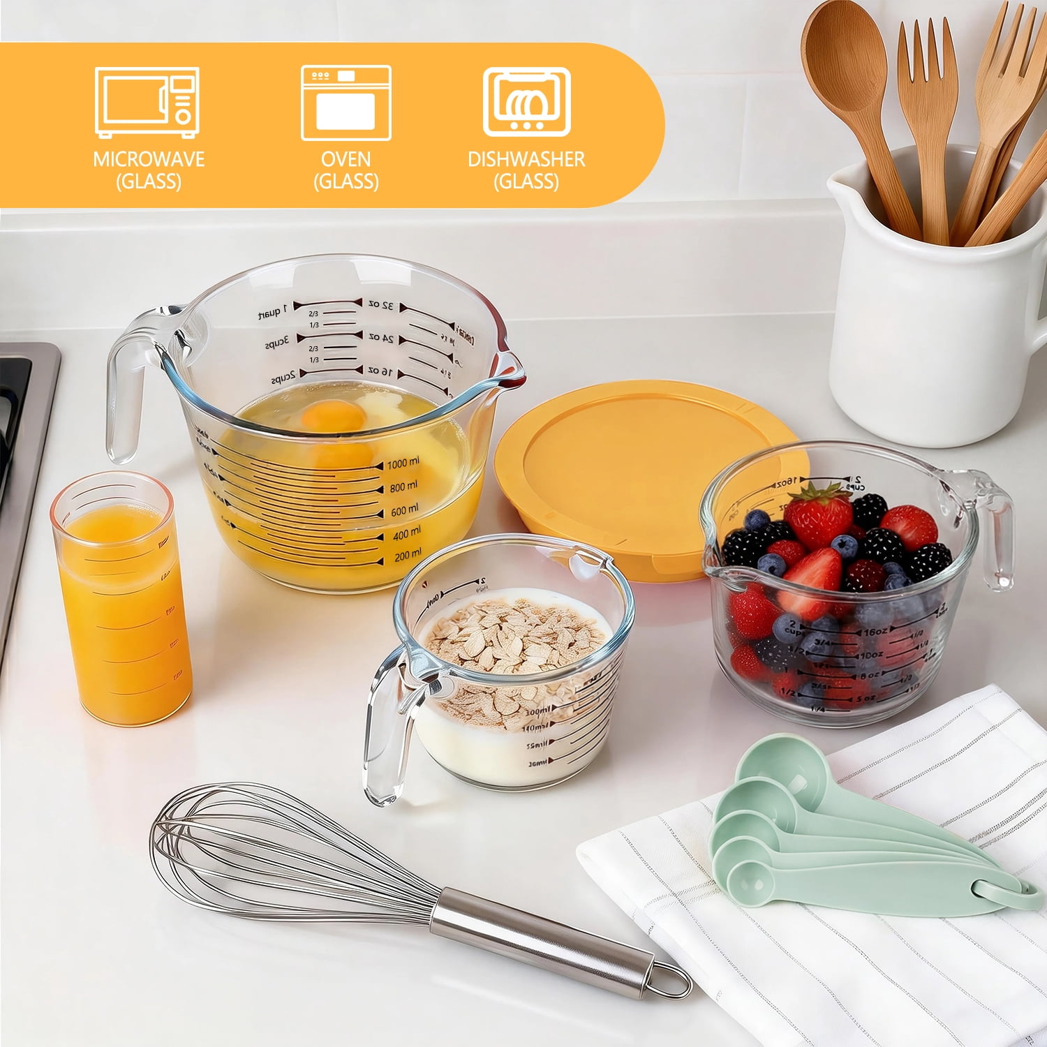 TAIMASI 9 Pcs Glass Measuring Cups Set with Lids, 4-Cup, 2-Cup, 1-Cup, 5 oz Liquid Measuring Cups & 5 Measuring Spoons | Microwave, Freezer & Dishwasher Safe，Yellow