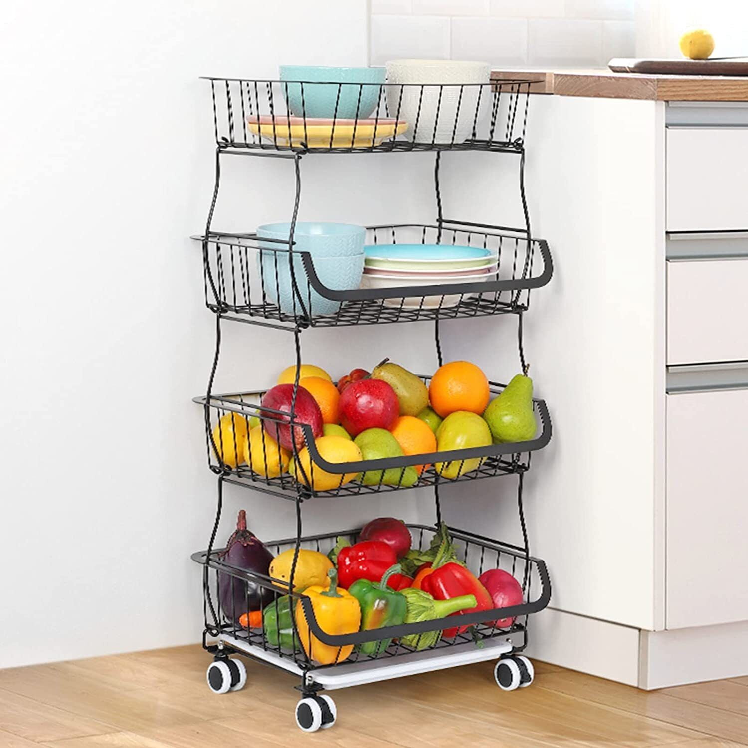 4 Tier Fruit Vegetable Storage Basket Stand w/Wheels Cart Rack Kitchen