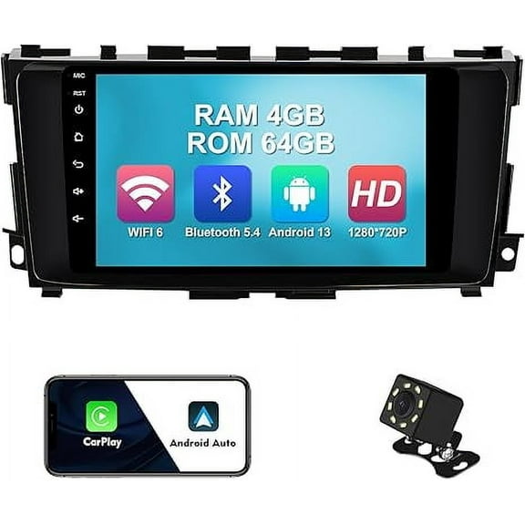 4 64G 9-inch Android 13 WiFi 6 Car Stereo for Nissan Altima 2014-2018 IPS Touchscreen Screen Bluetooth 5.4 Car Radio with Carplay & Android Auto Support Backup Camera FM Navi SWC
