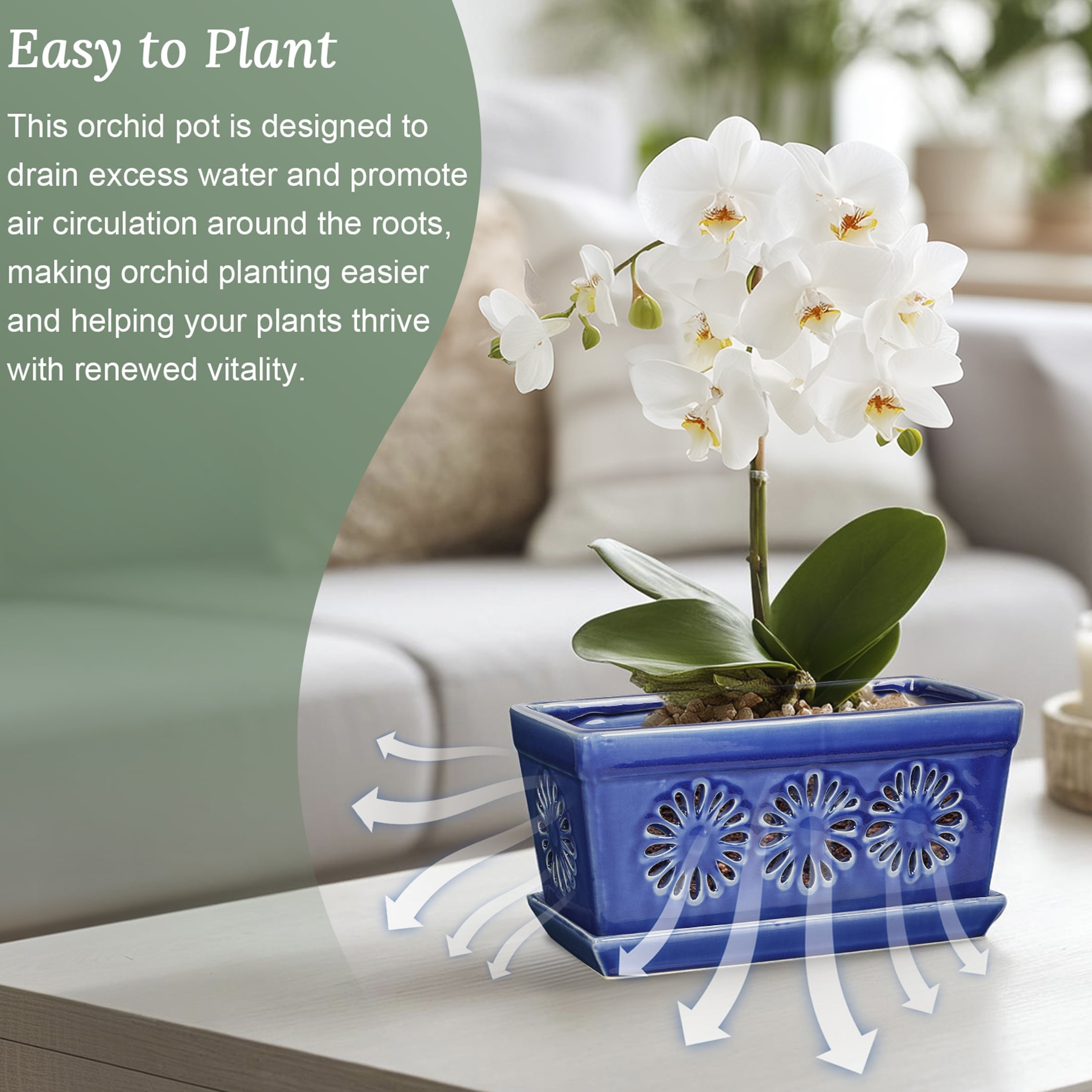 Ceramic orchid pot, 10 inch orchid pots with holes, handmade glazed pot for orchidaceae plants, accommodate 2 orchids, blue