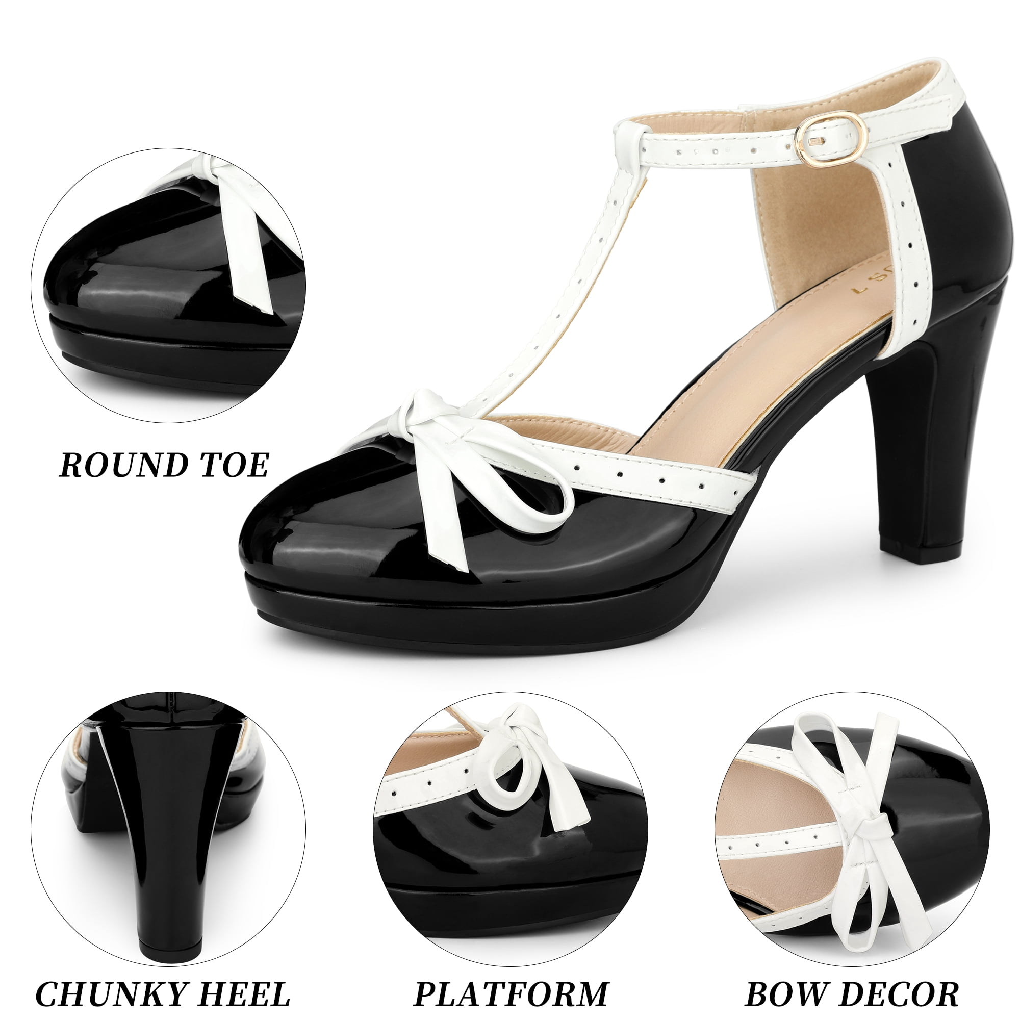 DARING DIVA Women's Bow Platform T-Strap Block High Heel Pumps Black 6
