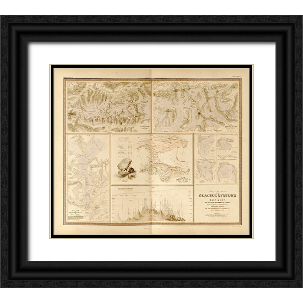 Vintage Maps 30x26 Black Ornate Wood Framed with Double Matting Museum Art Print Titled - Mountains and Glacial Systems of the World