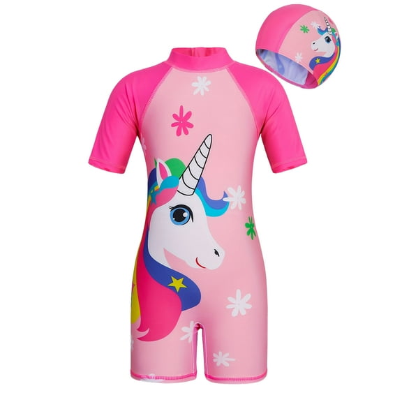 WIBACKER Girls Cartoon Unicorn Swimsuit Short Sleeve UV Protective Bathing Suit One Piece Swimwear for Kids 2-7 Years