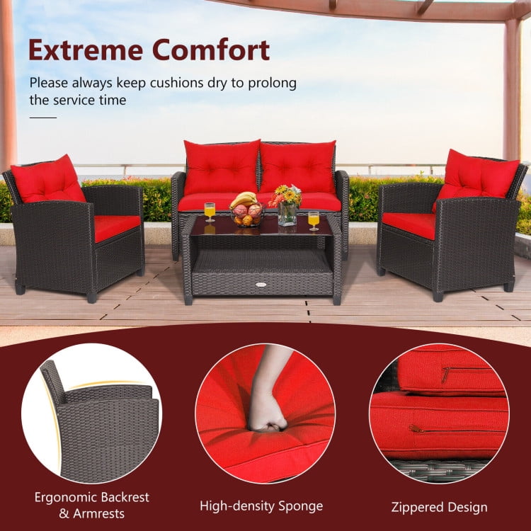 Aimee Lii 4 Pieces Wicker Patio Furniture Set with Tempered Glass Coffee Table, Wicker Outdoor Sectional, Red Aimee Lii 4 Pieces Wicker Patio Furniture Set with Tempered Glass Coffee Table, Wicker Outdoor Sectional, Red