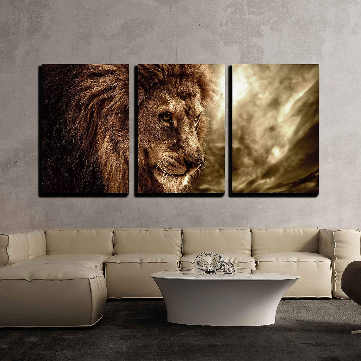 Wall12 12 Piece Canvas Wall Art - Lion Against Stormy Sky - Modern Home Art  Stretched and Framed Ready to Hang