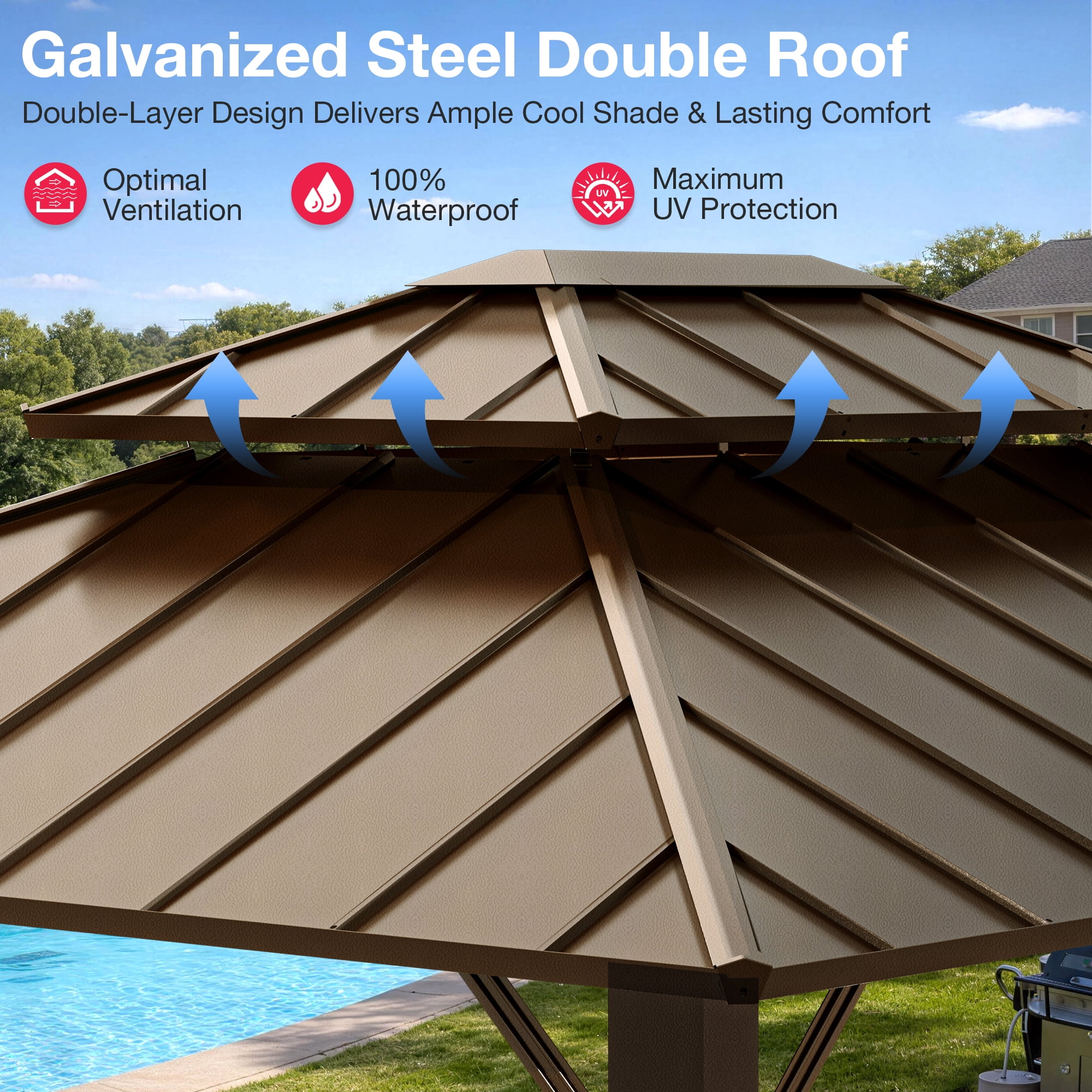 Pamapic 10x12 FT Hardtop Gazebo, Galvanized Steel Double Roof Outdoor Pavilion with Breathable Netting and Privacy Curtain, Brown for Patio, Backyard, Deck, Lawn