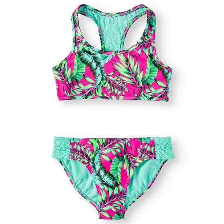 Palm Print Crochet Back Bikini Swimsuit (Little Girls & Big