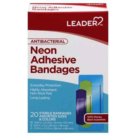 Leader Antibacterial Neon Adhesive Bandages, Assorted Sizes and Colors, 20 Count Per Box