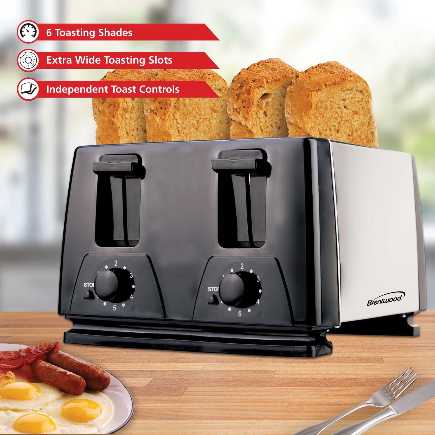 Brentwood 4-Slice Toaster, Black/Silver