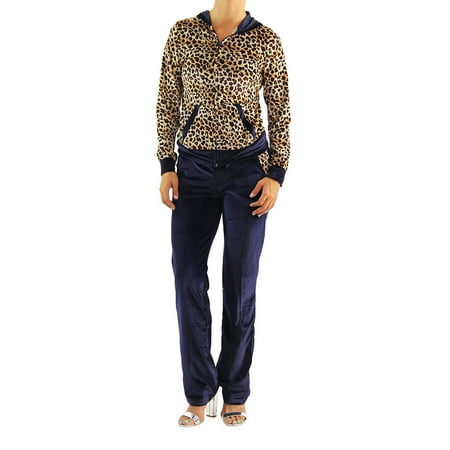 Leopard Heart Pants - Womens Velvet Suit Sweatshirt Pants Two Piece Set Leopard Tracksuit Jogger Navy