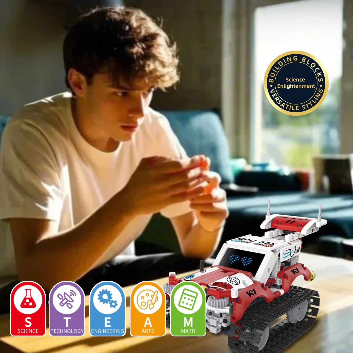5-in-1 Buildable STEM Robot Toy with Remote Control, Programmable LED Expressions, DIY Game Robot, Tank, Racing Car & Artillery for Birthday Christmas Gift