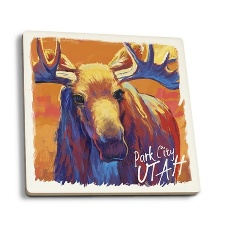 

Park City Utah Moose Vivid Watercolor (Absorbent Ceramic Coasters Set of 4 Matching Images Cork Back Kitchen Table Decor)