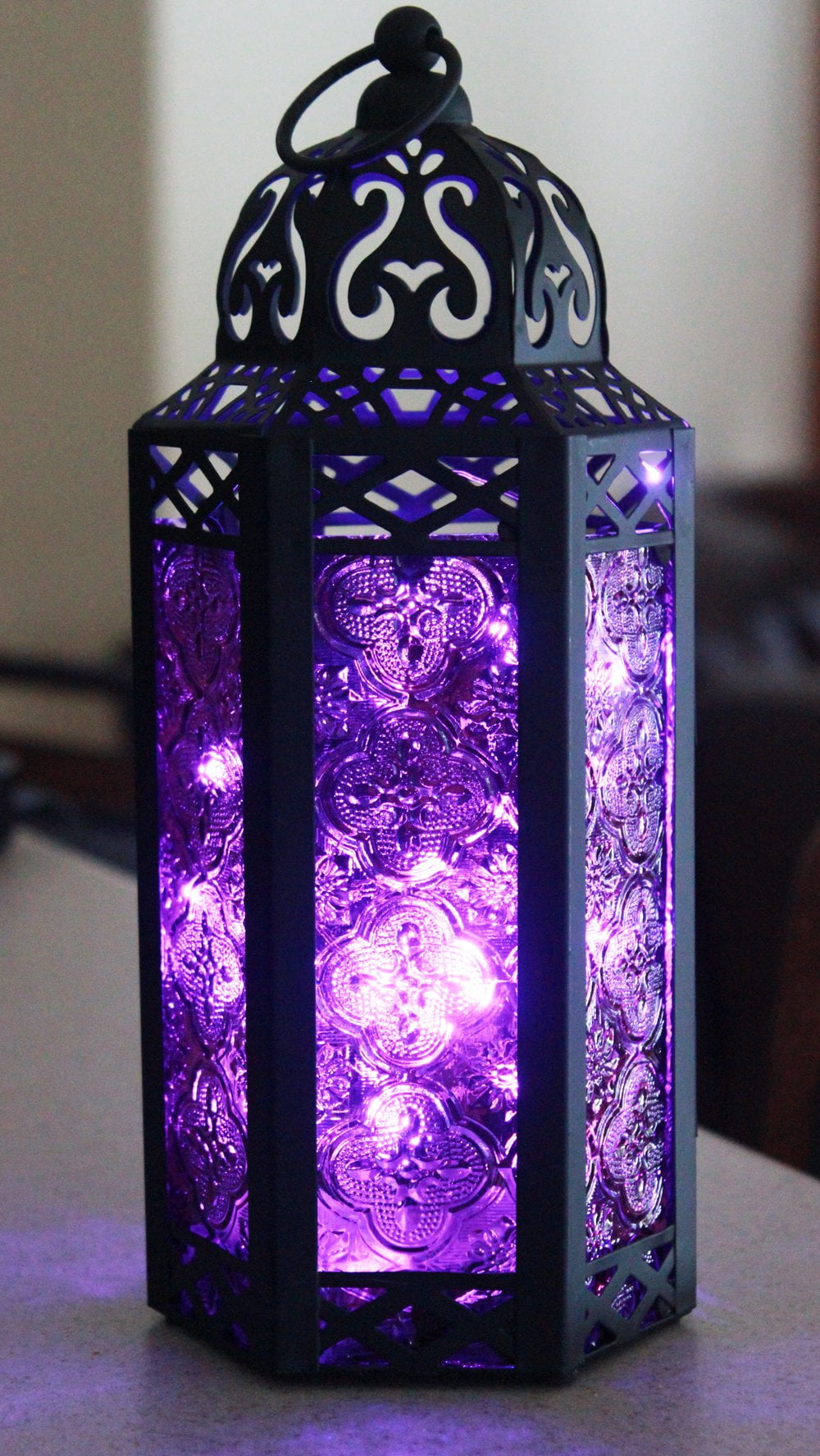 Moroccan Style Candle Lantern with LED Lights, Medium, Purple Glass