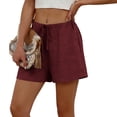 thumbnail image 5 of Cotton Linen Shorts for Women Elastic Waist Drawstring Summer Beach Shorts with Pockets Wine 2XL, 5 of 8